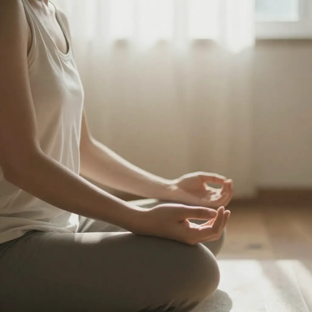 Person sitting peacefully in a sunlit room practicing mindful reflection