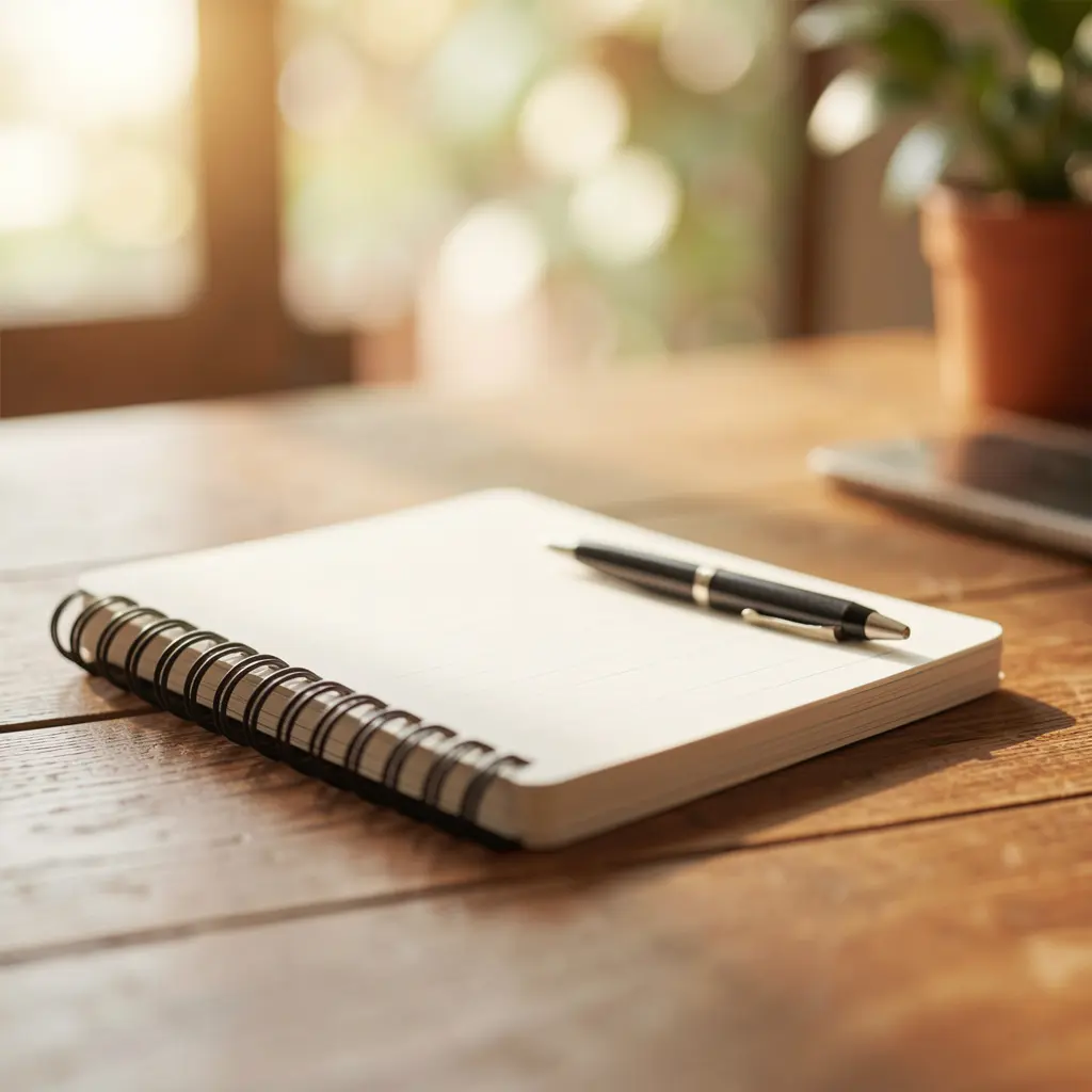Notebook and pen on a wooden desk with soft natural lighting for journaling
